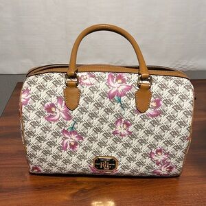 LAUREN RALPH LAUREN  - BARREL SATCHEL Handbag Purse - Tan -RLL Monogram Large